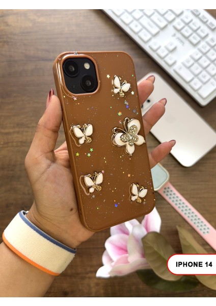 iPhone 14 Uyumlu Kelebekli Taşlı Simli Kalpli Wish Silikon Telefon Kılıfı fiyatları