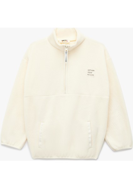 Uzun Kollu Cep Detaylı Baskılı Yarım Fermuarlı Polar Sweatshirt