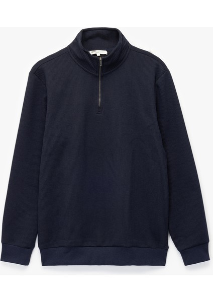 Dokulu Uzun Kollu Yarım Fermuarlı Sweatshirt