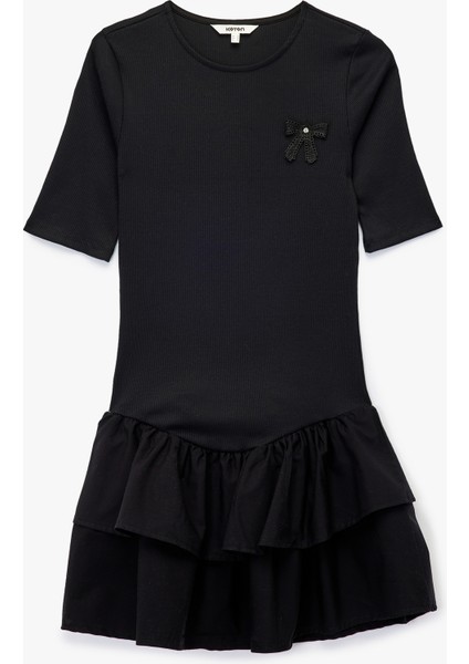 Pamuklu Kaşkorse Fiyonk Broş Detaylı Kısa Kollu Bisiklet Yaka Fırfırlı Mini Elbise