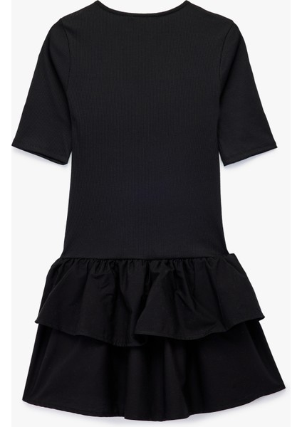 Pamuklu Kaşkorse Fiyonk Broş Detaylı Kısa Kollu Bisiklet Yaka Fırfırlı Mini Elbise fiyatları