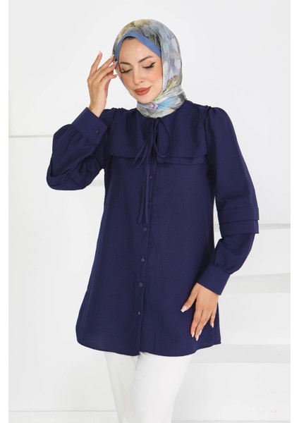 Kare Yaka Detaylı Dokuma Tunik Lacivert - 27607
