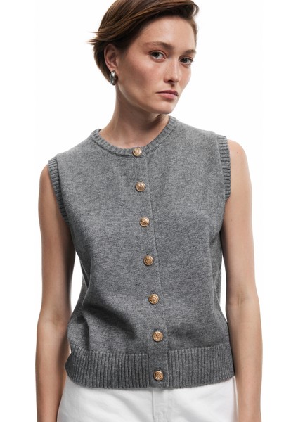 Kolsuz Bisiklet Yaka Düğmeli Triko Yelek