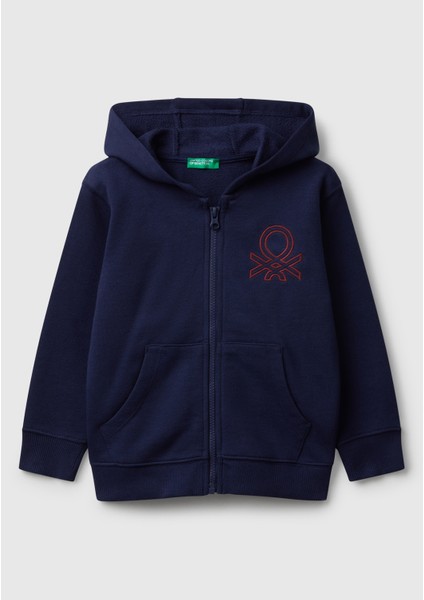 Erkek Çocuk Lacivert Önü Logo Baskılı Fermuarlı Kapüşonlu Sweatshirt
