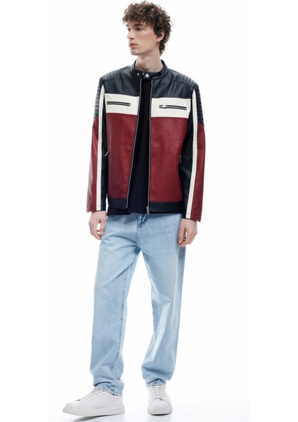 Mandarin Yaka Uzun Kollu Fermuarlı Deri Ceket