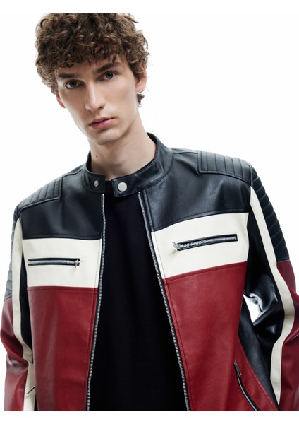 Mandarin Yaka Uzun Kollu Fermuarlı Deri Ceket fiyatları