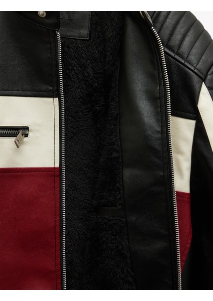 Mandarin Yaka Uzun Kollu Fermuarlı Deri Ceket