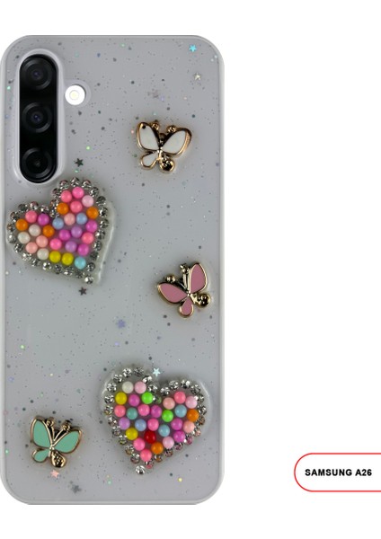 Samsung Galaxy A26 Uyumlu Kelebekli Taşlı Simli Kalpli Wish Silikon Telefon Kılıfı