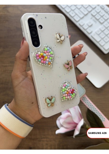Samsung Galaxy A26 Uyumlu Kelebekli Taşlı Simli Kalpli Wish Silikon Telefon Kılıfı fiyatları
