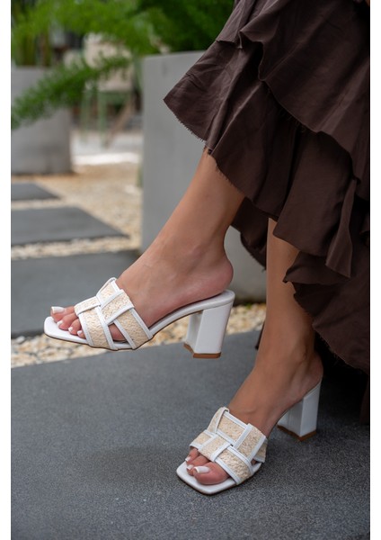 Amara Beyaz Örme Hasır Detaylı Kadın Topuklu Terlik