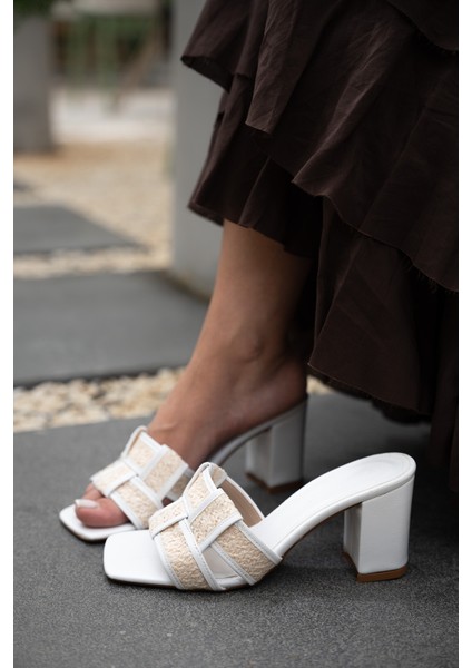Amara Beyaz Örme Hasır Detaylı Kadın Topuklu Terlik fırsatları