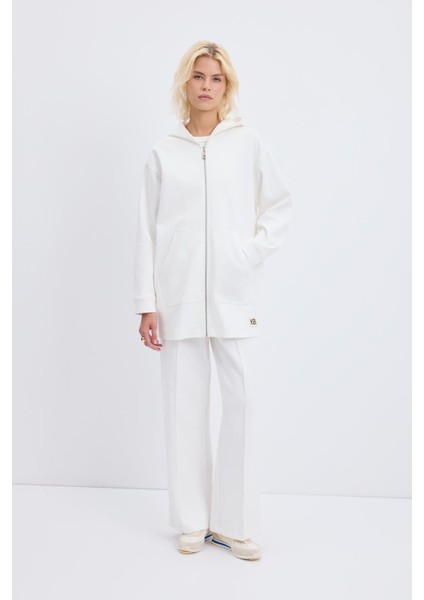 Fermuarlı Kanguru Cepli Kapüşonlu Hırka Ekru