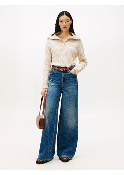 Yumuşak Yün Saç Örgülü Yarım Fermuarlı Uzun Kollu Kadın Kazak WW0WW46425ADK