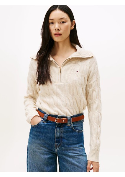 Yumuşak Yün Saç Örgülü Yarım Fermuarlı Uzun Kollu Kadın Kazak WW0WW46425ADK fiyatları