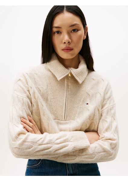 Yumuşak Yün Saç Örgülü Yarım Fermuarlı Uzun Kollu Kadın Kazak WW0WW46425ADK modelleri