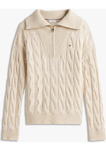 Yumuşak Yün Saç Örgülü Yarım Fermuarlı Uzun Kollu Kadın Kazak WW0WW46425ADK indirimleri