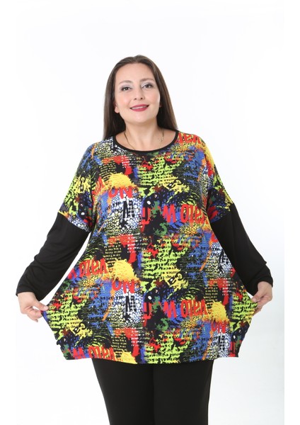 Kadın Likralı Yünlü Viskon Ön Desenli Büyük Beden Tunik