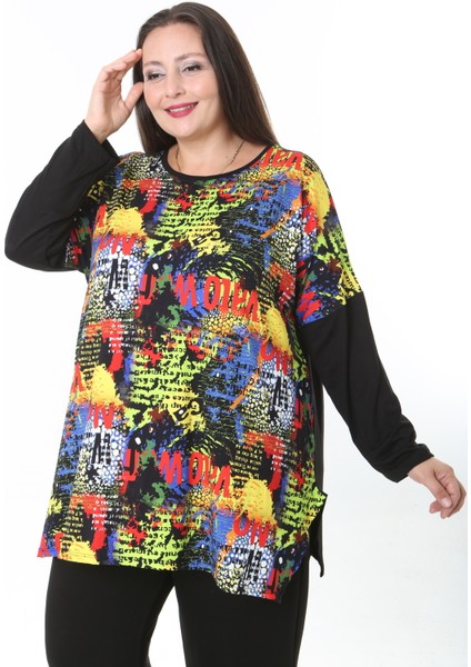 Kadın Likralı Yünlü Viskon Ön Desenli Büyük Beden Tunik modelleri