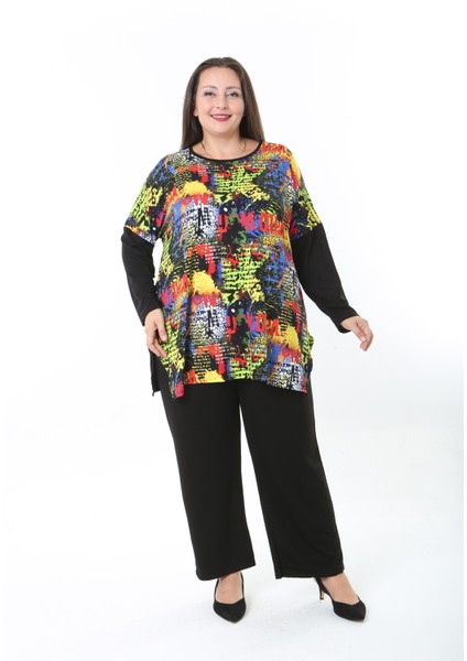 Kadın Likralı Yünlü Viskon Ön Desenli Büyük Beden Tunik