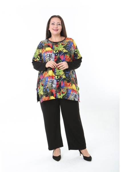 Kadın Likralı Yünlü Viskon Ön Desenli Büyük Beden Tunik