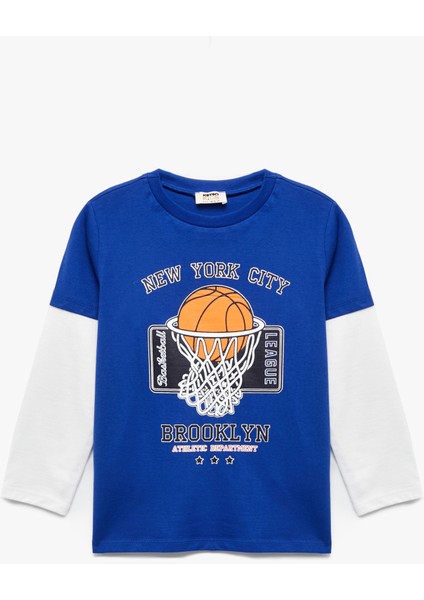 Uzun Kollu Bisiklet Yaka Basketbol Baskılı Pamuklu Tişört