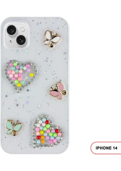 iPhone 14 Uyumlu Kelebekli Taşlı Simli Kalpli Wish Silikon Telefon Kılıfı
