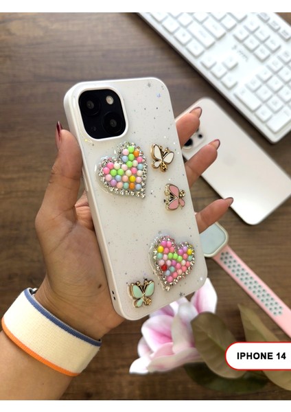 iPhone 14 Uyumlu Kelebekli Taşlı Simli Kalpli Wish Silikon Telefon Kılıfı fiyatları