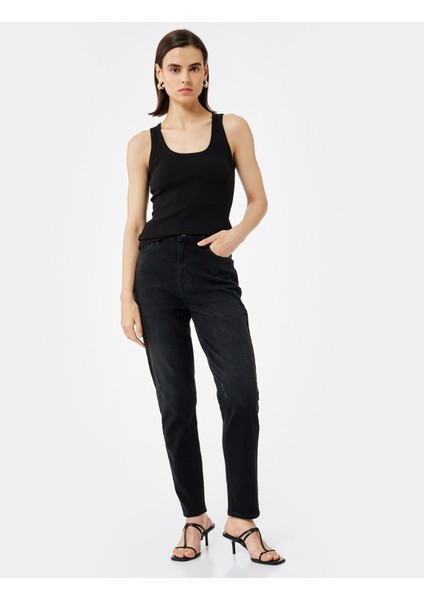Pamuklu Yüksek Bel Düğmeli Slim Fit Mom Jean Pantolon - Mom Jeans