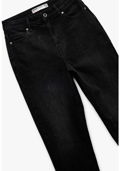 Pamuklu Yüksek Bel Düğmeli Slim Fit Mom Jean Pantolon - Mom Jeans