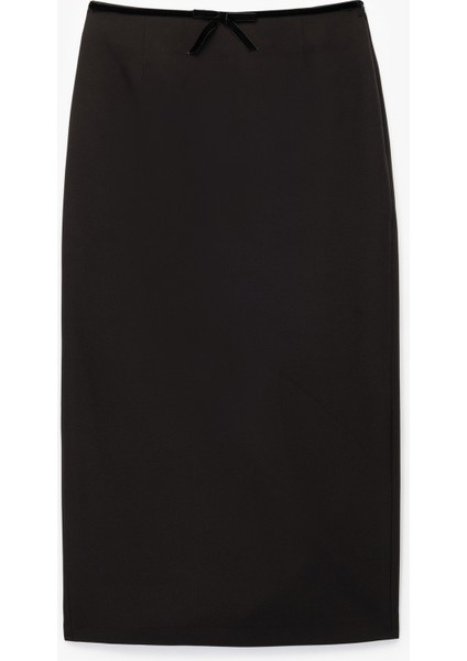 Slim Fit Yırtmaçlı Fiyonk Detaylı Midi Kalem Etek