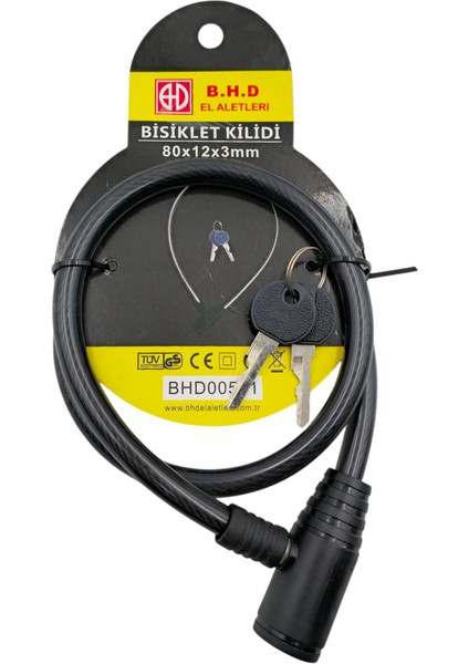 B.h.d BHD00581 80CM 12X3MM Bisiklet Kilidi Pvc Kaplı Çelik Halat Anahtarlı