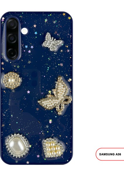 Samsung Galaxy A36 Uyumlu Kelebekli Taşlı Simli Kalpli Wish Silikon Telefon Kılıfı