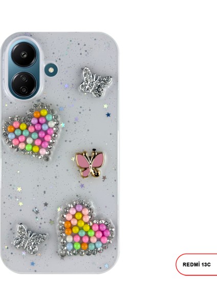 Redmi 13C Uyumlu Kelebekli Taşlı Simli Kalpli Wish Silikon Telefon Kılıfı