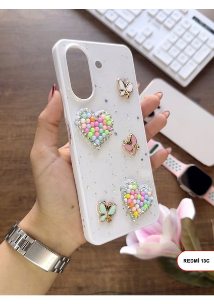 Redmi 13C Uyumlu Kelebekli Taşlı Simli Kalpli Wish Silikon Telefon Kılıfı fiyatları