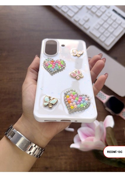 Redmi 13C Uyumlu Kelebekli Taşlı Simli Kalpli Wish Silikon Telefon Kılıfı modelleri