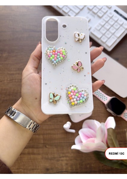 Redmi 13C Uyumlu Kelebekli Taşlı Simli Kalpli Wish Silikon Telefon Kılıfı indirimleri