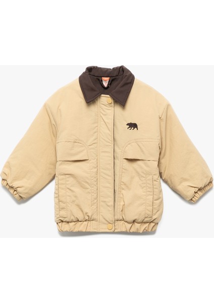 Uzun Kollu Cep Detaylı Renk Bloklu Fermuarlı Gömlek Yaka Bomber Mont