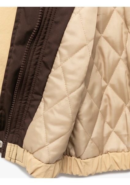 Uzun Kollu Cep Detaylı Renk Bloklu Fermuarlı Gömlek Yaka Bomber Mont