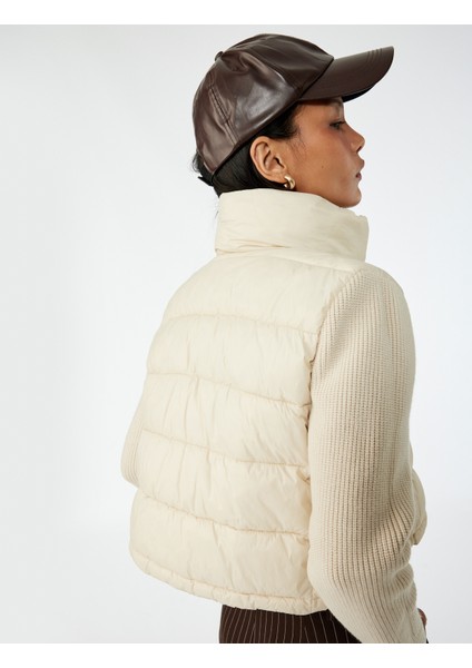 Dik Yaka Fermuarlı Uzun Kollu Cepli Slim Fit Şişme Mont