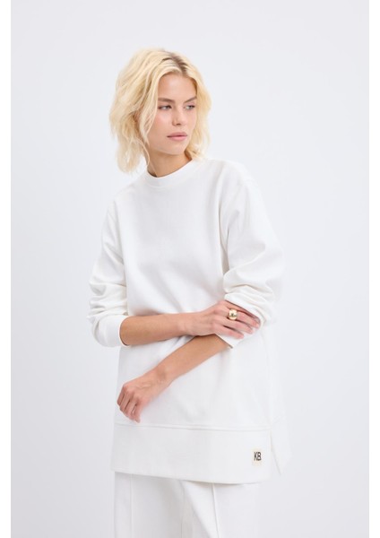 Oversize Yandan Yırtmaçlı Sweatshirt Ekru