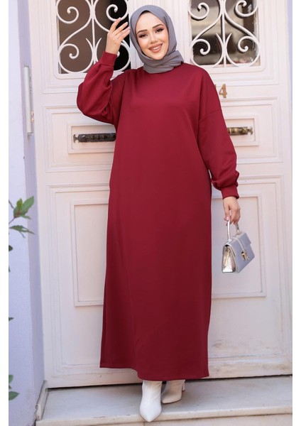 Bordo Sweat Tesettür Elbise 23641BR