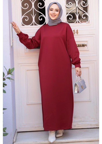 Bordo Sweat Tesettür Elbise 23641BR fiyatları