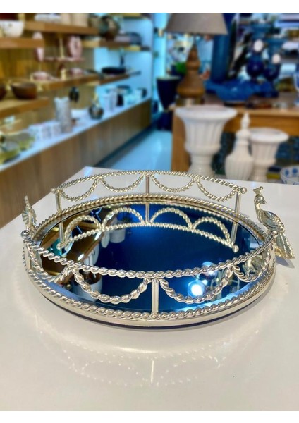 Gümüş Aynalı Tavuş Kuşu Yuvarlak Tepsi 40CM