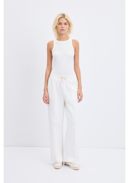 Yüksek Bel Nervür Dikiş Detaylı Pantolon Ekru