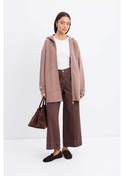 Fermuarlı Kanguru Cepli Kapüşonlu Hırka Tozlu Kahve