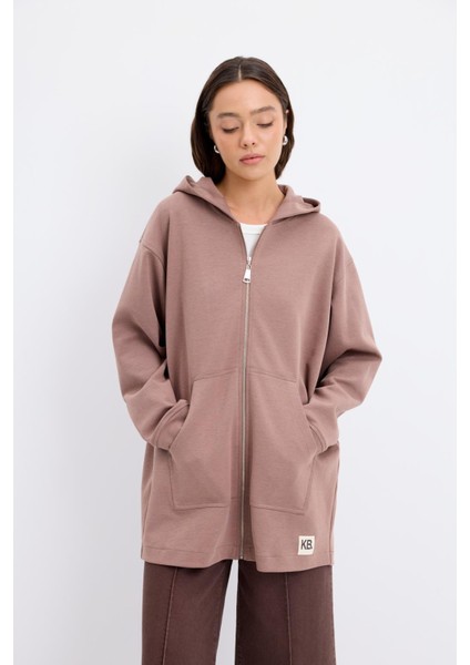 Fermuarlı Kanguru Cepli Kapüşonlu Hırka Tozlu Kahve modelleri