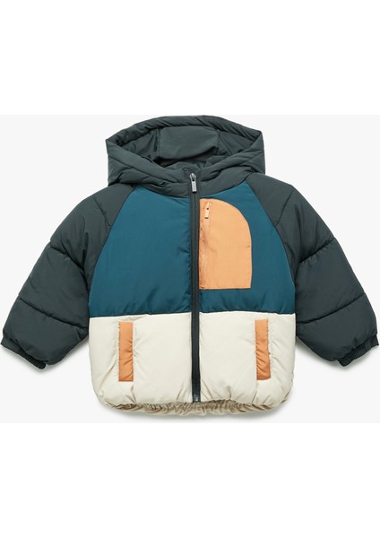 Uzun Kollu Kapşonlu Renk Bloklu Pamuk Astarlı Şişme Mont
