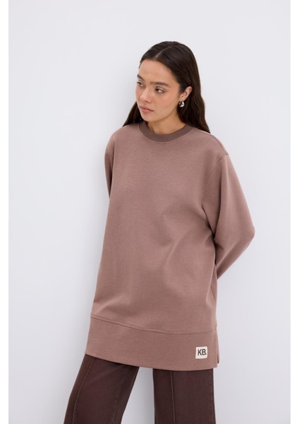 Oversize Yandan Yırtmaçlı Sweatshirt Tozlu Kahve