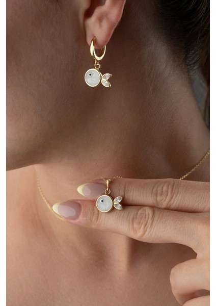 925 Ayar Gümüş Beyaz Mineli Balık (Kolye-Küpe) Takı Seti