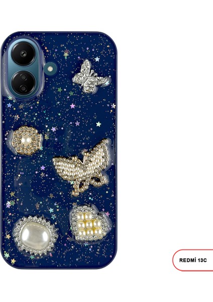 Redmi 13C Uyumlu Kelebekli Taşlı Simli Kalpli Wish Silikon Telefon Kılıfı